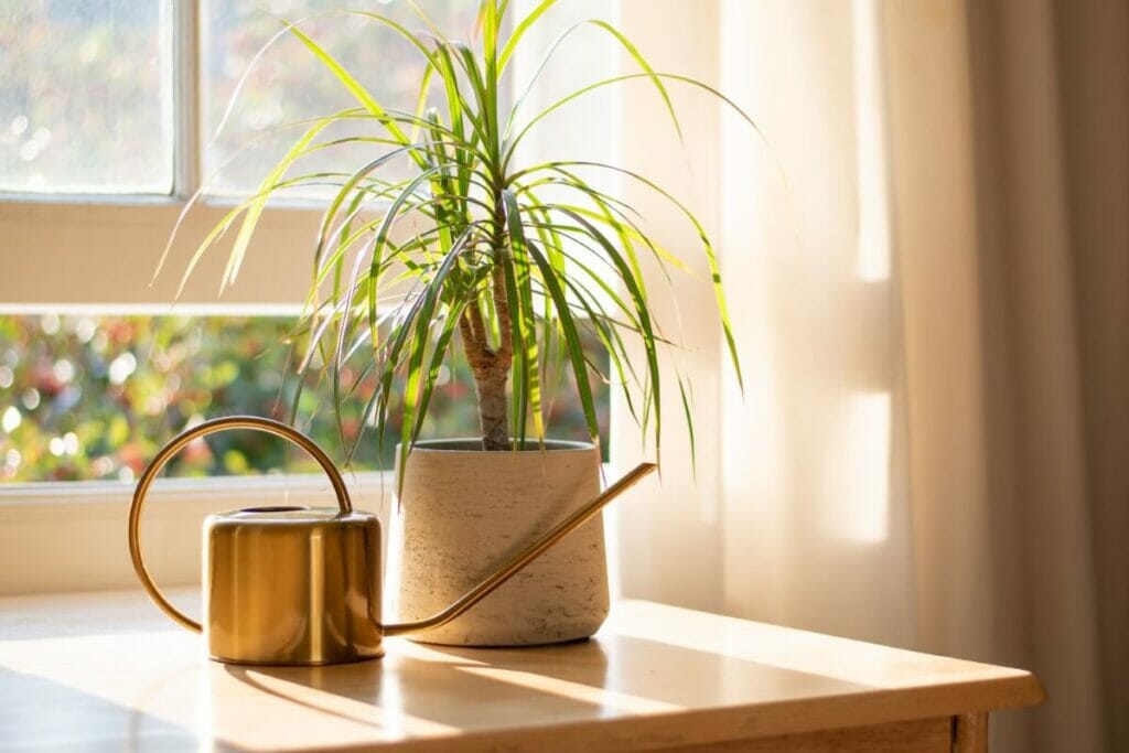 Ένα εργοστάσιο Dracaena Marginata σε ένα ξύλινο πλαϊνό τραπέζι δίπλα σε φωτεινό παράθυρο σε εσωτερικούς χώρους