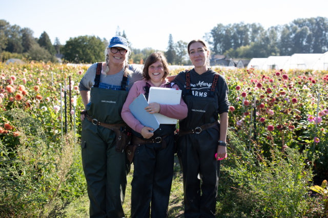 Η Erin Benzakein, η Jill Jorgensen και η Nina στο Floret Dahlia Breeding Field
